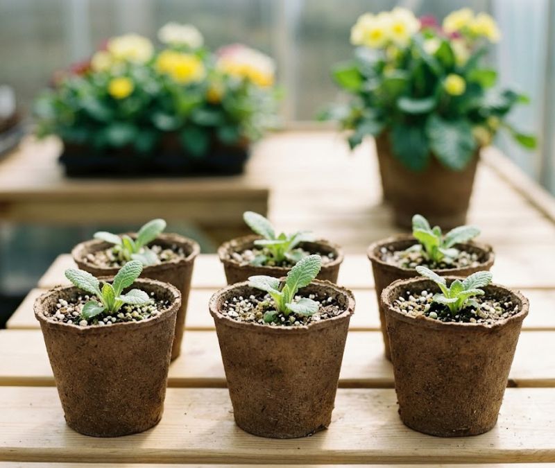 Mudas jovens de flor prímula cultivadas em recipientes individuais