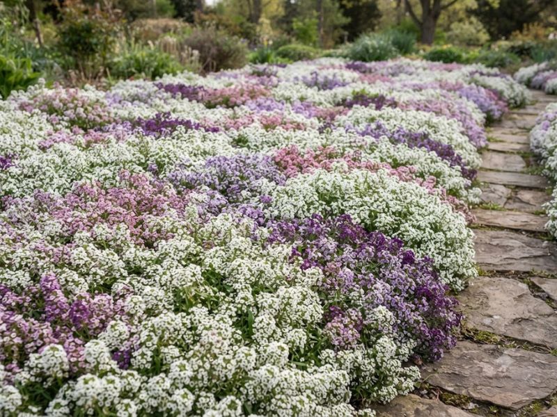 Várias plantas de flor-de-mel formando uma cobertura baixa e contínua no jardim