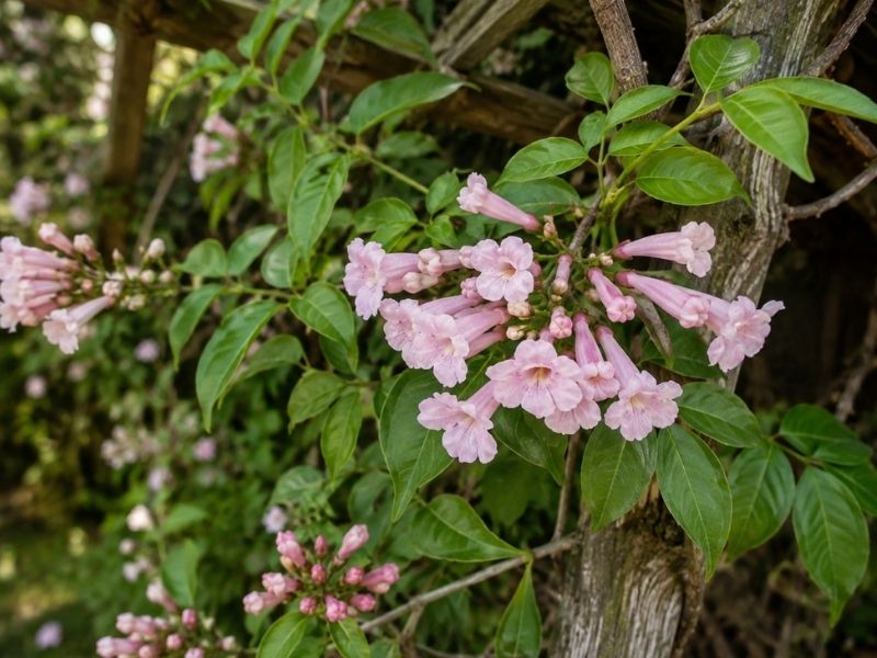 Flores tubulares, botões e folhas do cipó rosa vistos de perto para identificação