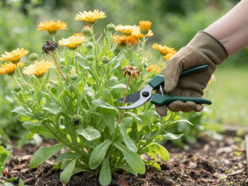 Pessoa cortando uma flor seca de calêndula com tesoura de poda
