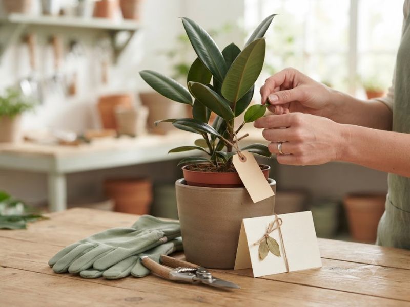 Planta em cachepô acompanhada de cartão, luvas e tesoura de poda