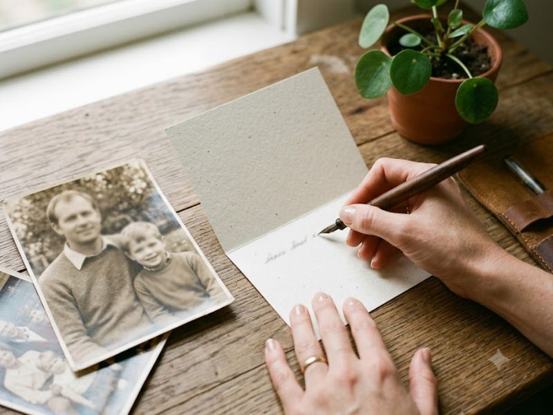 Mãos escrevendo cartão ao lado de fotografias antigas de família