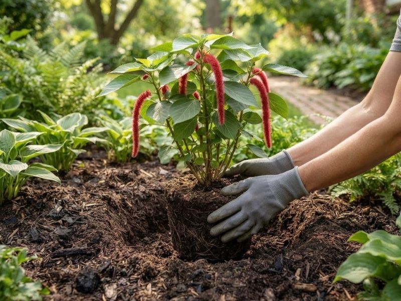 Muda arbustiva de acalifa macarrão sendo plantada em solo fértil e bem drenado.