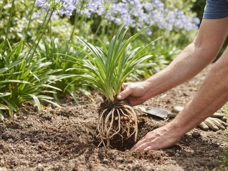 Muda de agapanto sendo plantada em canteiro com solo preparado
