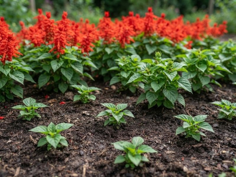 Mudas de alegria de jardim plantadas com espaçamento adequado no canteiro