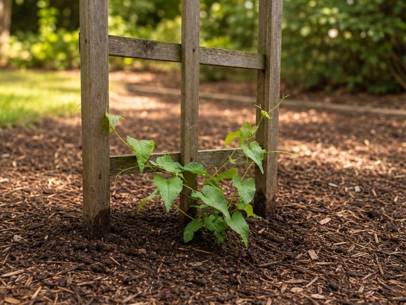 Muda de amor agarradinho plantada junto a treliça de madeira