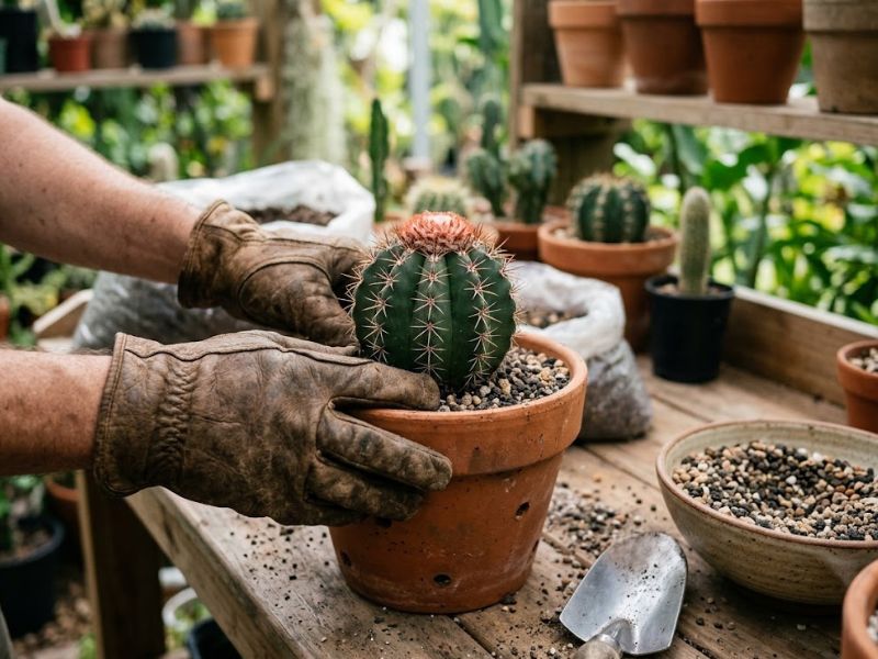 Plantio de cacto cabeça de frade em vaso com substrato drenante