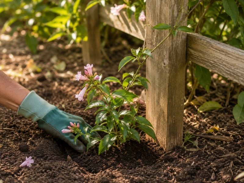 Muda de cipó rosa sendo plantada junto a um suporte de madeira no jardim