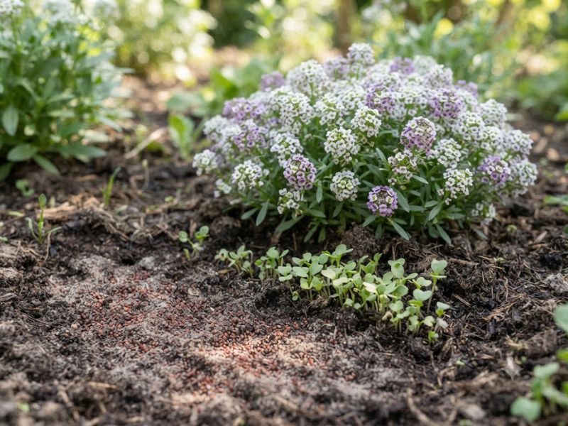 Sementes pequenas, mudinhas e planta adulta de flor-de-mel no mesmo canteiro