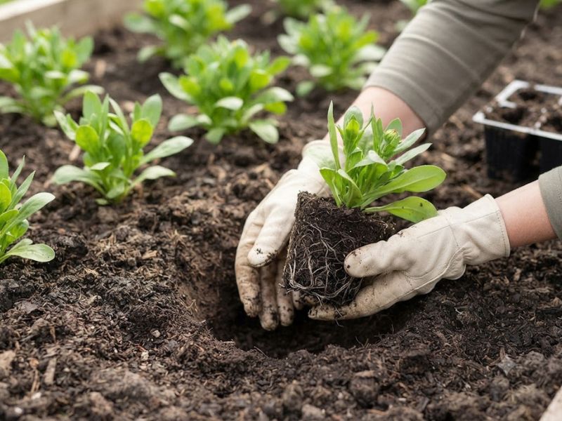 Pessoa transplantando uma muda de flor calêndula com o torrão preservado