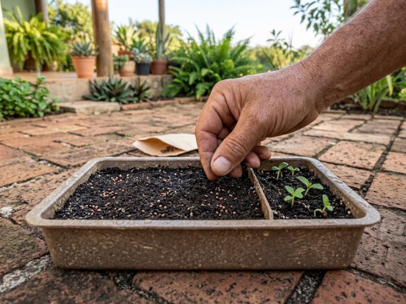 Sementes de Phlox drummondii sendo semeadas em substrato leve