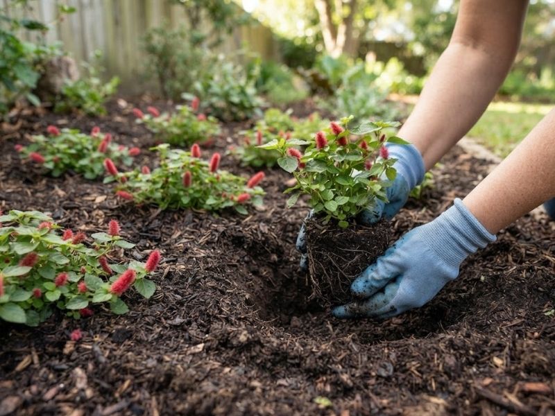 Muda de rabo de gato sendo plantada em solo solto e rico em matéria orgânica.