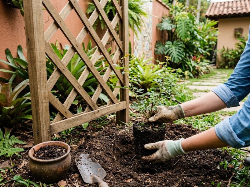 Muda de rosa trepadeira sendo plantada ao lado de uma treliça no jardim