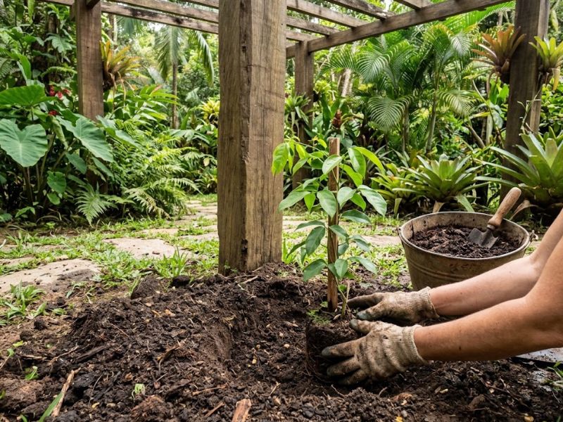 Muda de trepadeira jade sendo plantada próxima a estrutura de apoio