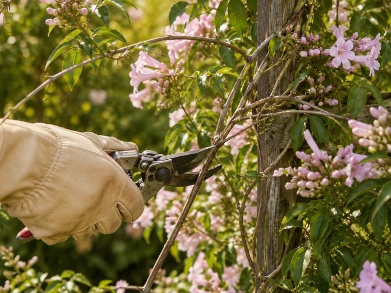 Poda de contenção sendo realizada nos ramos do cipó rosa após a floração