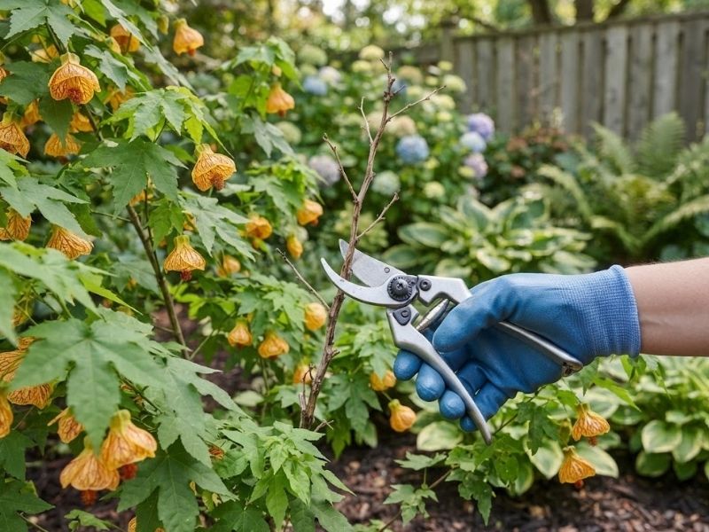 Galho seco do Abutilon pictum sendo retirado com tesoura de poda