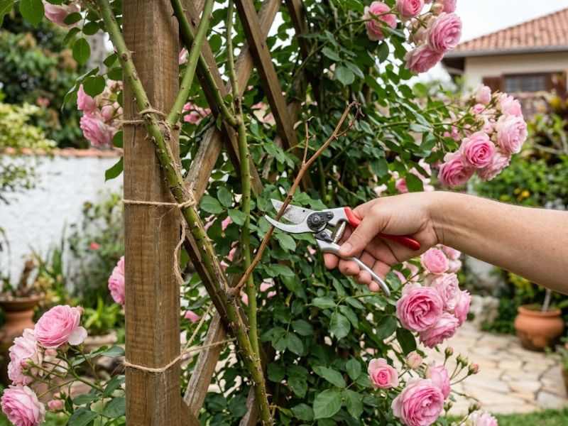 Poda de galho seco em rosa trepadeira adulta cultivada em treliça