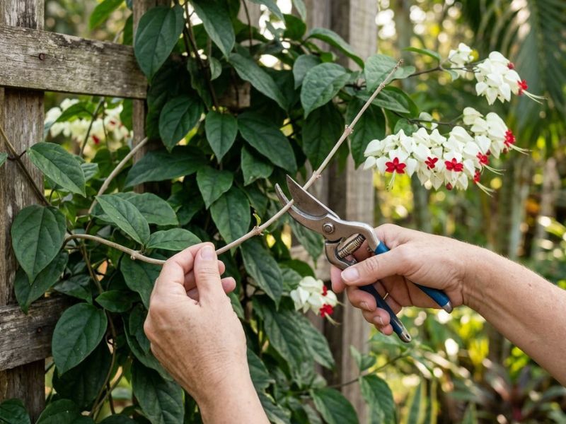 Poda de um ramo seco da trepadeira lágrima de cristo