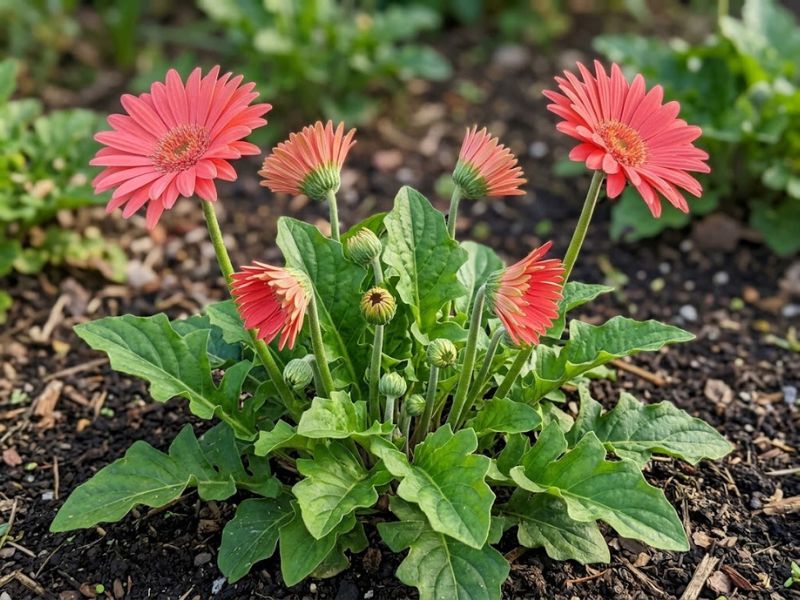 Flor gérbera coral com flores abertas e novos botões em diferentes fases de desenvolvimento