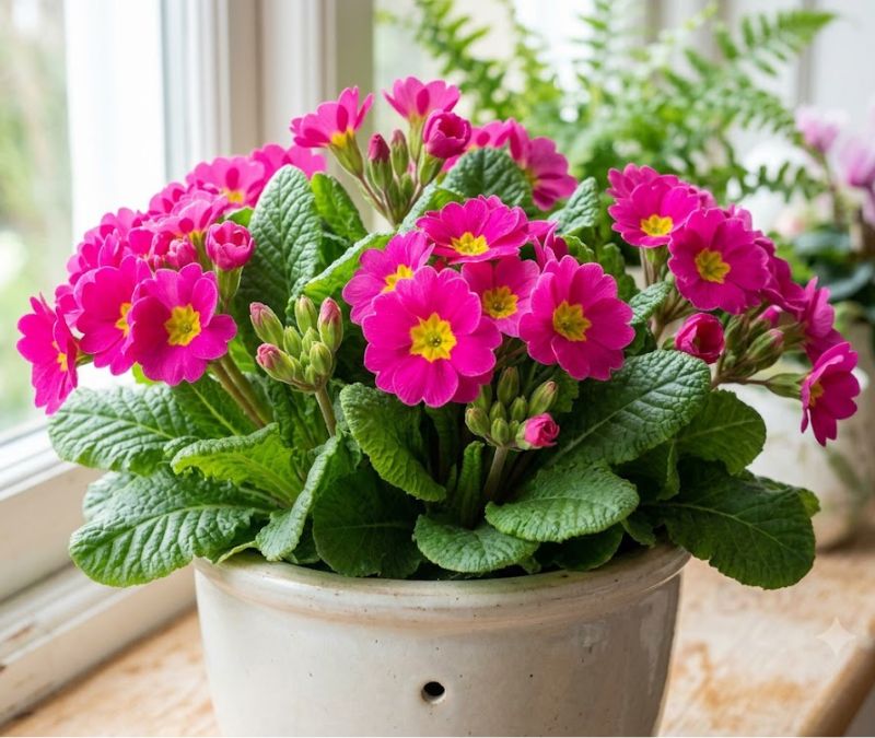 Flor prímula rosa com flores abertas e novos botões em vaso
