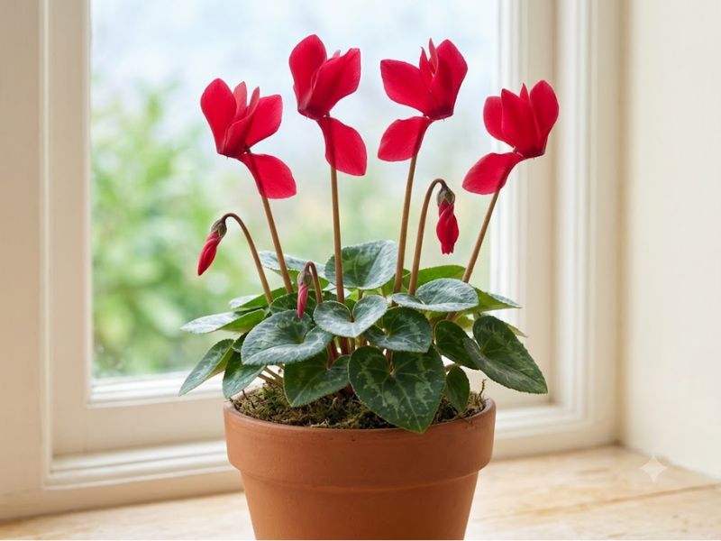 Flor ciclame com flores abertas e botões em diferentes fases de desenvolvimento