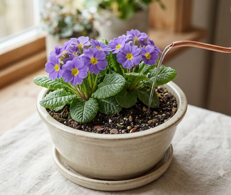 Rega da flor prímula feita diretamente no substrato próximo da borda do vaso
