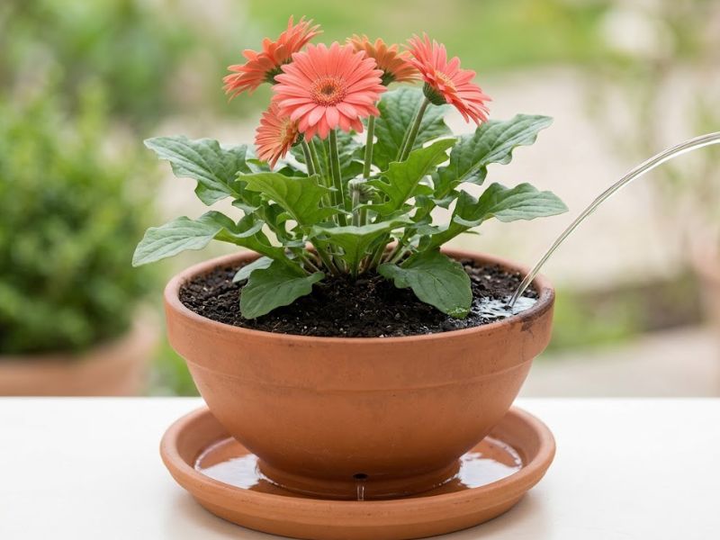 Flor gérbera recebendo água diretamente no substrato sem molhar folhas, flores ou centro da roseta