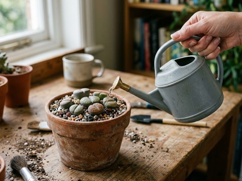 Rega controlada no substrato ao redor de Lithops cultivados em vaso