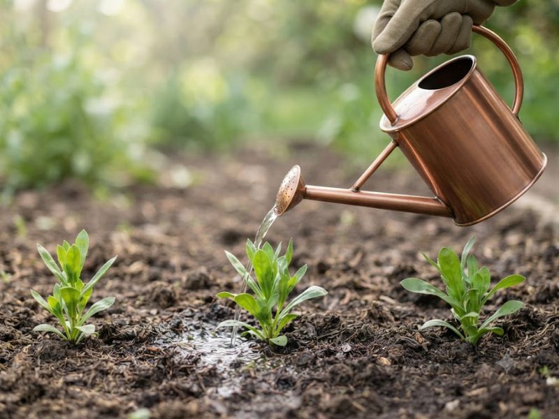 Regador molhando o solo ao redor de mudas recém-plantadas de calêndula