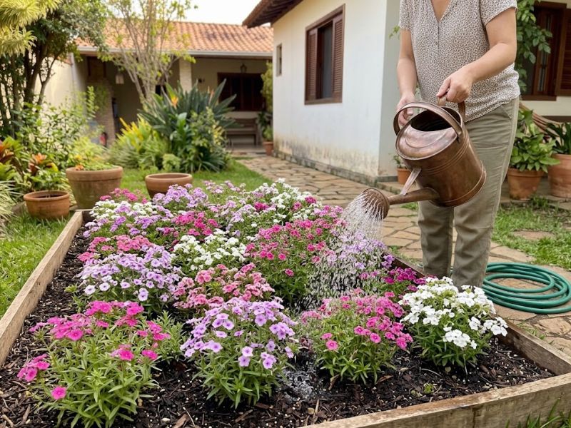 Phlox drummondii sendo regada com mangueira em canteiro florido