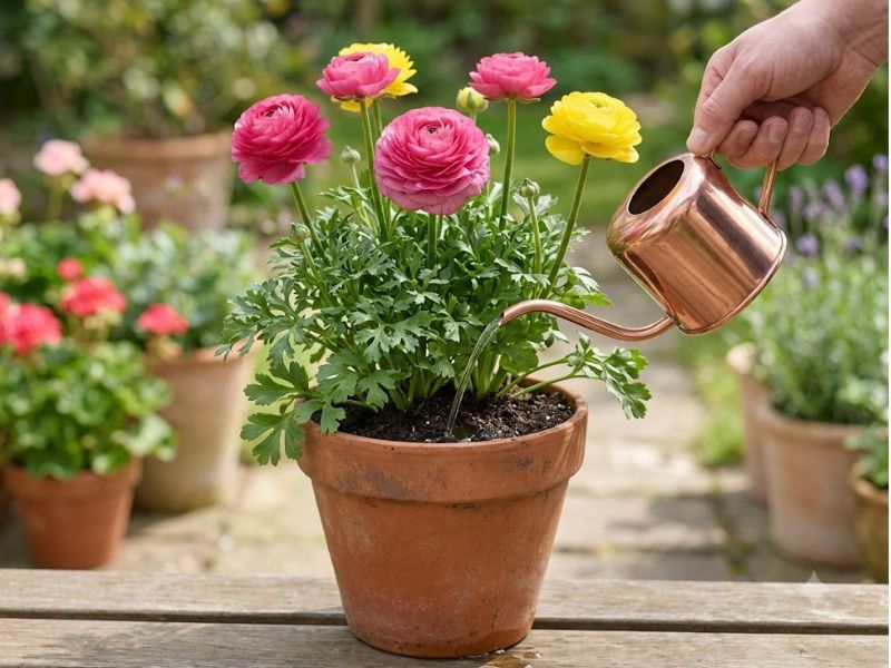 Rega do ranúnculo direcionada ao substrato sem molhar as flores e as folhas