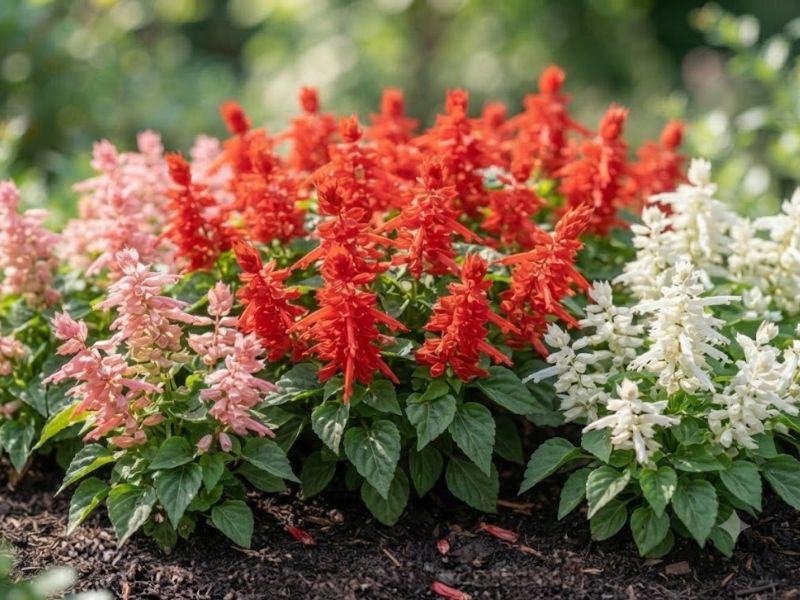 Alegria de jardim com espigas vermelhas, rosas e brancas no mesmo canteiro