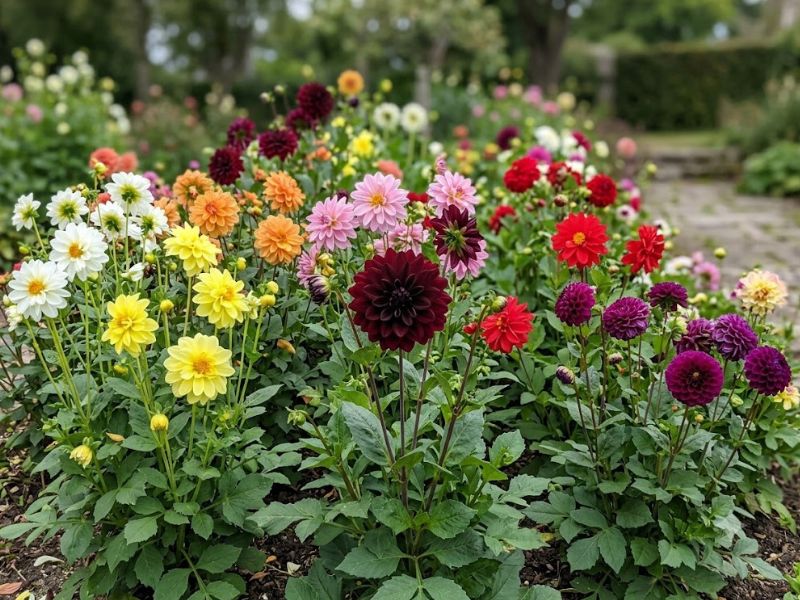 Flores de dália brancas, amarelas, rosas, vermelhas, vinho e roxas no jardim