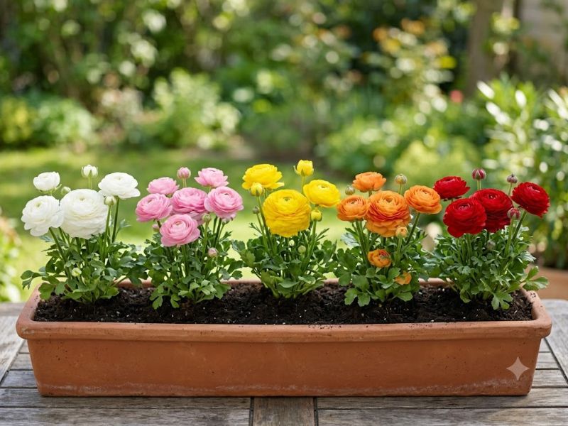 Flores de ranúnculo brancas, rosas, amarelas, laranjas e vermelhas cultivadas em jardineira