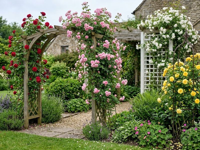 Rosas trepadeiras com flores em tons de rosa, vermelho, branco e amareloRosas trepadeiras com flores em tons de rosa, vermelho, branco e amarelo