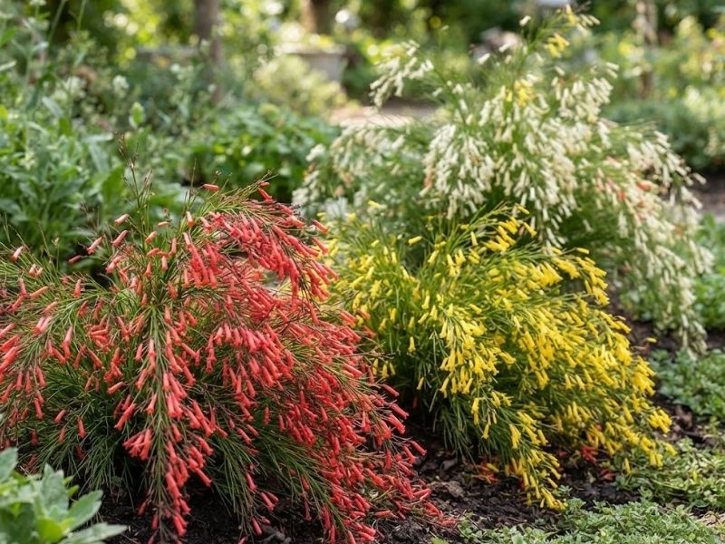 Russélias com flores vermelhas amarelas e claras