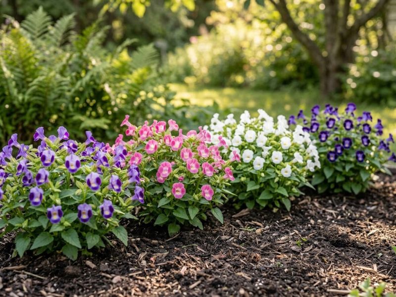 Torênias violetas, rosas, brancas e azul-arroxeadas em grupos separados