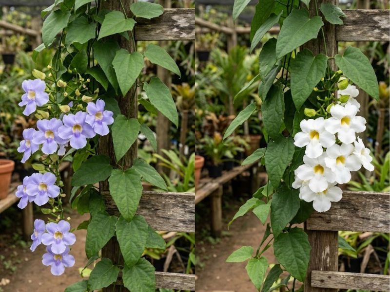 Tumbérgia azul e tumbérgia branca crescendo em treliças