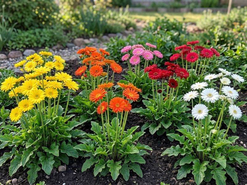 Flores de gérbera amarelas, laranjas, rosas, vermelhas e brancas em touceiras separadas