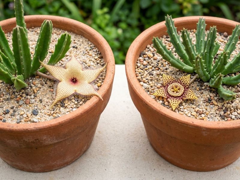Stapelia gigantea e Orbea variegata com flores creme e amarela em vasos de terracota