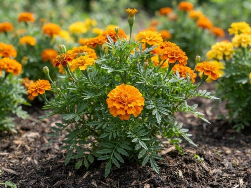Planta de cravo-de-defunto inteira com folhas recortadas, botões e flores alaranjadas