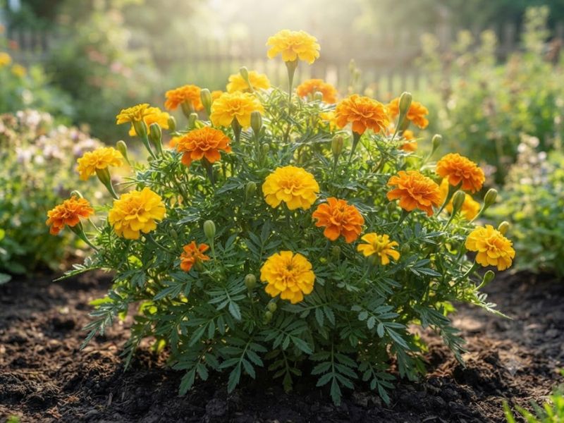 Cravo-de-defunto saudável em jardim claro mostrando que a planta não é ruim nem perigosa