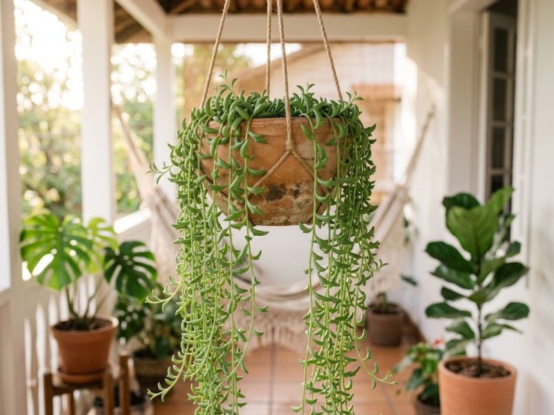 Suculenta golfinho adulta e cheia formando uma cascata verde em vaso suspenso
