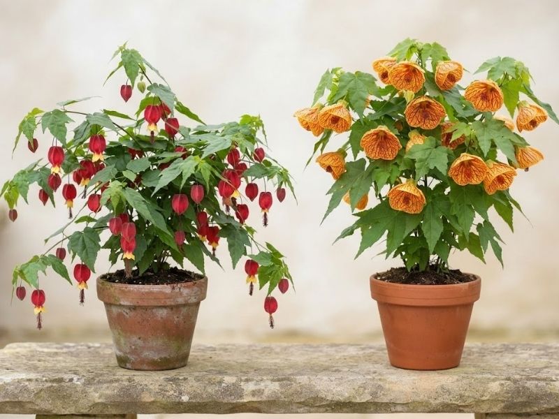 Abutilon megapotamicum de cálice vermelho ao lado do Abutilon pictum de flor laranja