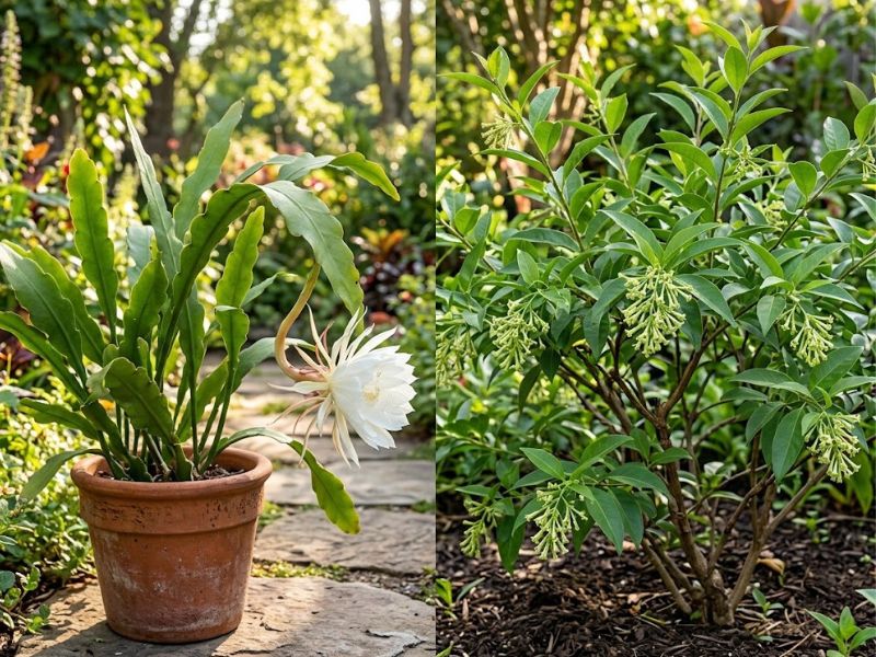 Cacto dama da noite comparado ao arbusto dama-da-noite com flores tubulares