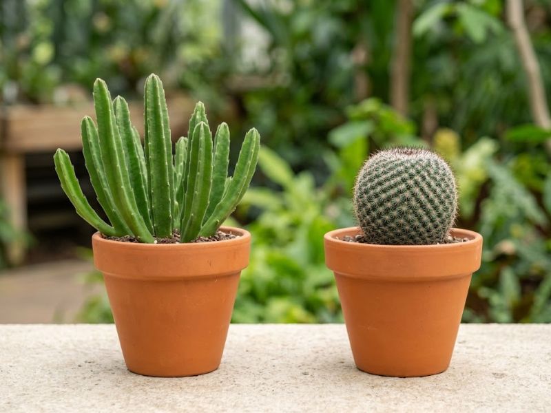Stapelia sem espinhos ao lado de cacto verdadeiro com aréolas em vasos separados