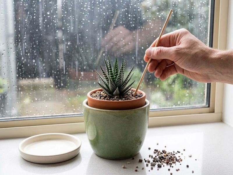 Pessoa verifica a umidade do substrato de uma Haworthia com palito de madeira