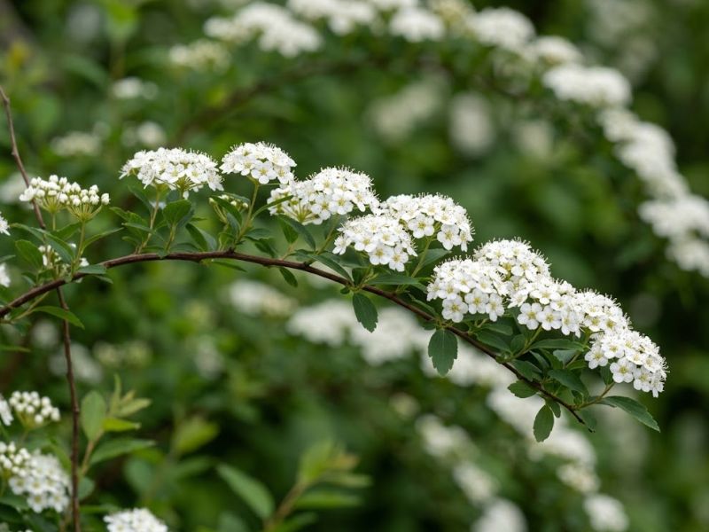 Detalhe do ramo, das folhas e das pequenas flores brancas da grinalda de noiva