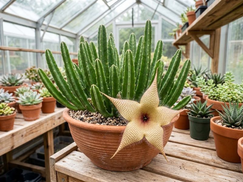 Cacto estrela adulto com flor aberta sobre bancada de estufa iluminada