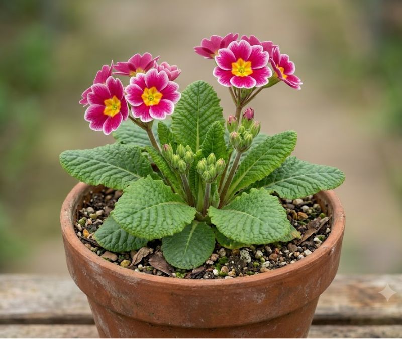 Flor prímula rosa e branca com folhas, botões e vaso completamente visíveis
